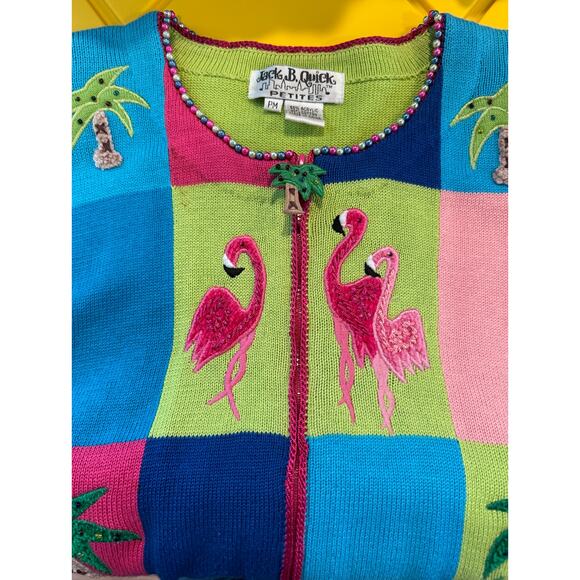 Vintage Jack B Quick Cardigan Sweater Flamingos & Palm Trees Short Sleeve ZipUp - Picture 8 of 16